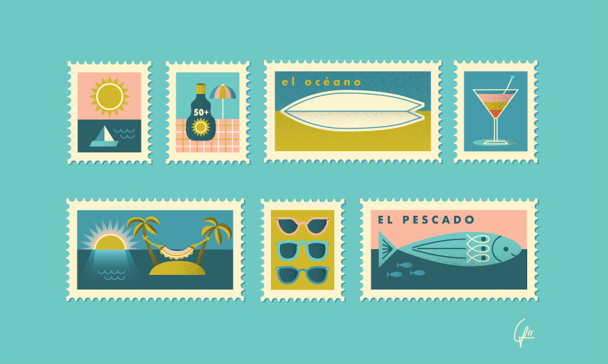 Illustration of beach holiday travel stamps