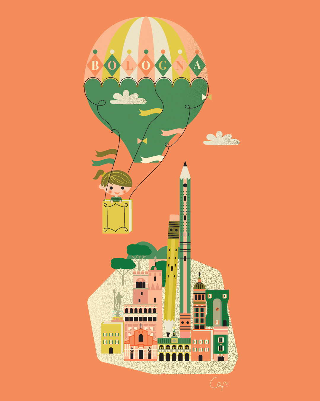 A girl traveling in a hot air baloon over Bologna city to go to the Bologna Childrens Book Fair.